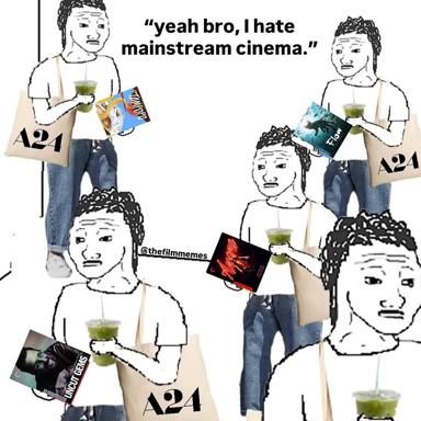 Wojak figures holding matcha lattes and prestigious film festival awards, pastel-colored A24 tote bags, sarcastically conflating indie film elitism with mass-produced arthouse aesthetics.