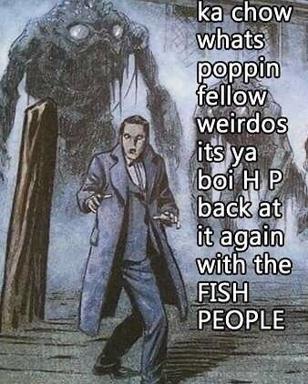 A dapper man in a suit stands confronted by a grotesque creature in a vintage horror illustration, captioned in internet slang as an exasperated reaction to recurring cosmic horror chaos.