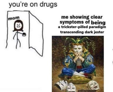 Stick-figure mom accuses; right panel shows surreal esoteric imagery (crowned figure, theatrical masks, dark-academia aesthetic) — a joke about parental misreading of alternative subcultural aesthetics.