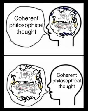 Two-panel meme contrasting the persona of "coherent philosophical thought" with the chaotic, tangled mental reality behind it — a visual joke on the gap between intellectual aspiration and internal mess.