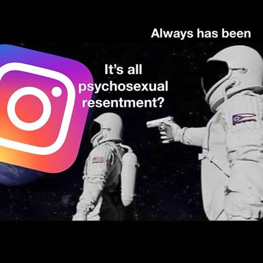 Astronauts in space: one points a gun at the other with Instagram logo looming large. A critique of digital accusation culture on social media.