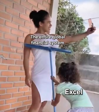 Child (Excel) stands beneath an adult (the global financial system) in a visual metaphor for how a simple spreadsheet program secretly underpins the world's most complex financial infrastructure.