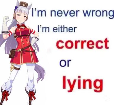 Anime girl in red military uniform declares infallibility through self-aware wordplay.