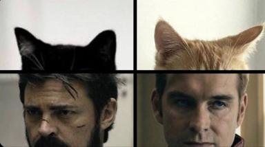 Cat ears digitally grafted onto two men's heads in a four-panel comparative meme.
