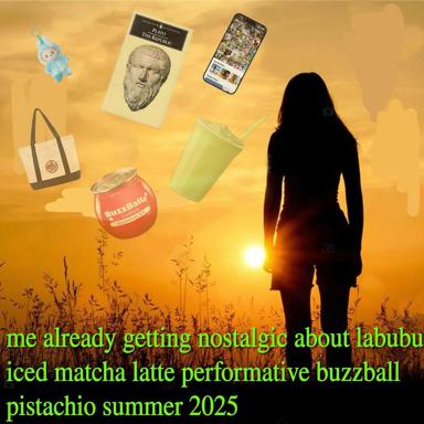 A nostalgic millennial-gen-Z mashup: silhouetted figure at golden-hour sunset ringed by hyperspecific consumer artifacts (designer toy, Plato's Republic, matcha latte, canned cocktail) with neon-green text riffing on early nostalgia for 2025's most performative summer flavors.