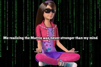 Cartoon girl in meditation pose against the Matrix cascading code, claiming her own mind is stronger than the simulation.