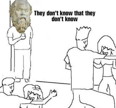 Crude cartoon scene of a classical bust lecturing stick-figure people, playing on the Socratic paradox about ignorance and self-awareness.
