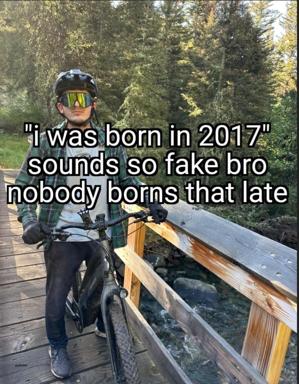 A cyclist in sportswear and helmet on a wooden bridge, skeptical expression overlaid with text about generational fakeness.