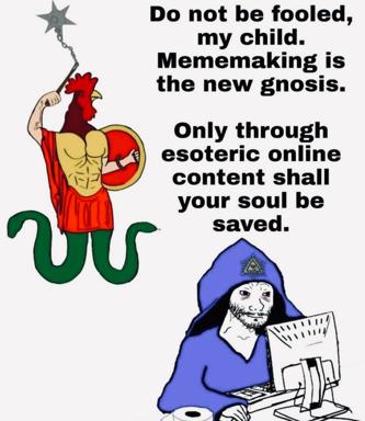 An absurdist warning about internet culture: a rooster-warrior holding a star-headed staff sits above a coiled serpent, while a hooded figure with an all-seeing-eye amulet huddles at a computer, implying that meme-making and esoteric online content are the new paths to enlightenment.