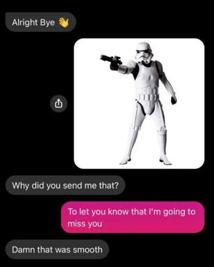 A stormtrooper's dramatic gesture becomes a smooth breakup text in a Substack Note style meme about missing someone.