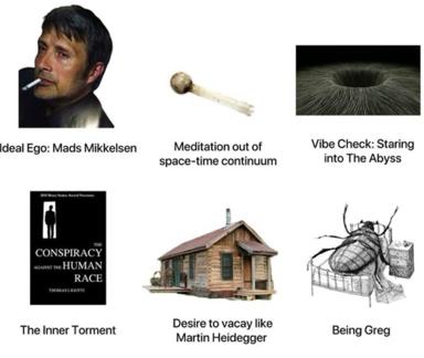 Six-panel philosophical meme grid: existential states from Mads Mikkelsen's brooding to Heidegger's cabin to bug-in-a-cage—interior torment rendered as visual stereotypes, darkly comic.