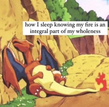Orange dragon curled around a sleeping figure in a pastoral landscape; text asserts wholeness through acceptance of one's inner fire.