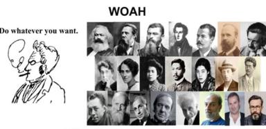 A collage pairing a whimsical line-drawn figure with the caption "Do whatever you want" against a grid of historical and contemporary portraits, nominally Russian writers and thinkers from Marx to Ayoade.