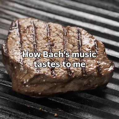 A premium steak with grill marks, layered with text about how Bach's music tastes — a synesthetic, absurdist riff on the composer via a sensory-overlap meme.