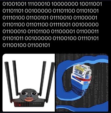 Two routers as caricatured characters with human faces; binary code background and digital river imagery suggest data flow and network conversation.