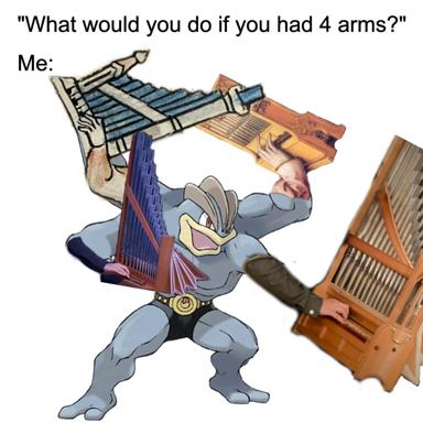 A muscular cartoon character wielding multiple musical instruments as weapons, playing imaginary music with four arms in response to the hypothetical question "What would you do if you had 4 arms?"