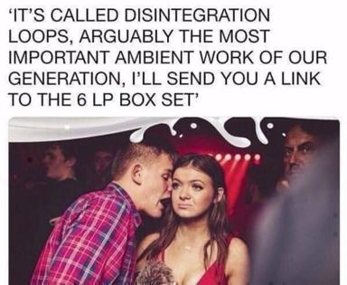 A man and woman flirting at a nightclub get compared to someone evangelizing Merzbow's notoriously difficult experimental album—the meme celebrates overstating obscure music's cultural importance.