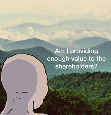 A minimal illustration of an anxious figure, face turned away, silhouetted against majestic mountains—juxtaposing internal corporate self-doubt with the indifferent sublime.