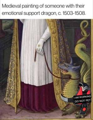 Medieval woman and her emotional support dragon, disrupted by a "do not pet" service-dog meme sticker — the deadpan juxtaposition of courtly intimacy and workplace etiquette.