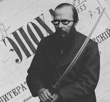 19th-century Russian author (likely Dostoevsky) in period photograph, edited with pixelated sunglasses; surrounded by Cyrillic books and mathematical equations—the "cool scholar" archetype subverts earnest intellectualism.