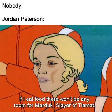 A meme pairing Chani from animated Dune with a hyperbolic Jordan Peterson-style statement about food, mythology, and Mesopotamian deities.