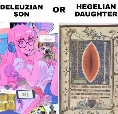 A two-panel philosophy meme contrasting Deleuzian multiplicity (neon anime chaos) with Hegelian synthesis (medieval manuscript restraint).