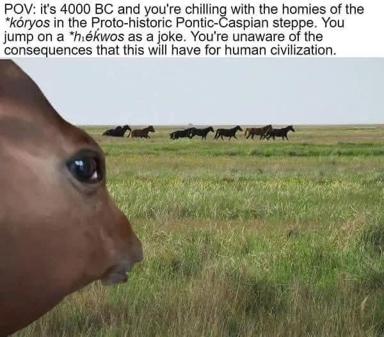 A horse's closeup head on the left overlooks a herd of horses galloping across an open steppe grassland. A text overlay sets up a historical "you are there" scenario about 4000 BC and unwitting consequences.
