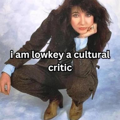 A vulnerable 1980s-era portrait of a woman with the overlaid claim "i am lowkey a cultural critic" — absurdist self-deprecation via image-macro format.