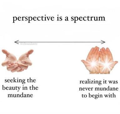 A spectrum meme contrasting two perspectives on everyday beauty: seeking it in the mundane (left) versus realizing it was never mundane to begin with (right). Hands as visual anchor points, suggesting holding or receiving.