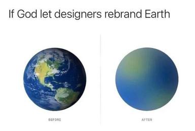 A two-panel comparison of Earth's appearance before and after a hypothetical designer rebrand — the original photorealistic satellite view becomes a minimalist color-gradient sphere.