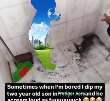 A parenting meme overlaying a dreamlike landscape collage onto a toddler's silhouette, juxtaposing surreal fantasy against the mundane reality of domestic exhaustion and unfiltered toddler noise.