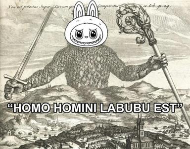 Renaissance engraving of a giant cartoon bunny (rendered as a crowd of people) wielding ornate staffs over a medieval city, captioned "homo homini labubu est" — a toy-culture remix of the classical Latin phrase on power and brutality.