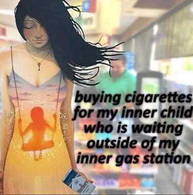 A surreal image-macro depicting a woman at a gas station, with an illustrated glowing figure inside her body and text describing a darkly humorous parental sacrifice.