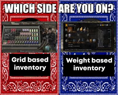 A split-screen videogame meme comparing two inventory UX systems: a dense grid-based layout (left, red) versus a weight-based system (right, blue), asking which side you're on.