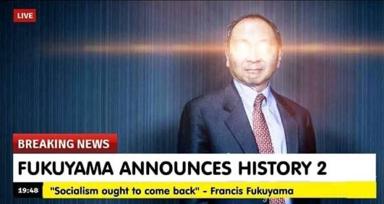 Parody news broadcast: Francis Fukuyama announces "History 2," a joke about American sequels and the obsolescence of Fukuyama's 1992 thesis.