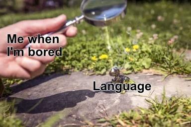 A magnifying glass examining a small insect on the ground, with text overlaid: 'Me when I'm bored' (magnifying glass) and 'Language' (the insect).