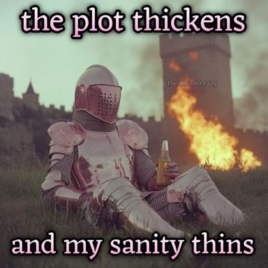 Medieval knight watches his kingdom burn while enjoying a beer, captioned "the plot thickens and my sanity things" — a surreal meditation on detachment and chaos.