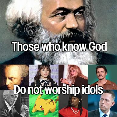 A religious maxim denouncing idolatry rendered as a grimdark macro — stern 19th-century patriarch meets modern celebrity worship.