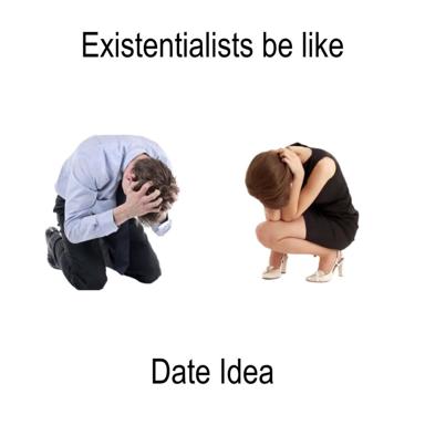 Dating disguised as existentialism—a stock-photo meme where romantic vulnerability poses as philosophical despair.