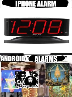 iPhone alarm is a boring clock; Android alarms summon eldritch horrors — platform wars escalate into surreal apocalypse.