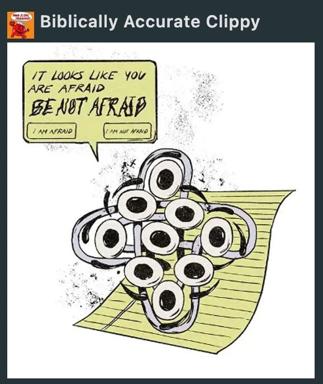 A cluster of googly eyes rendered in black ink illustrate the biblical command "be not afraid" — one eye pair protests "I am afraid" while another insists "I am not afraid," creating absurdist theology.