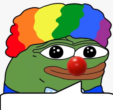Pepe the Frog as a clown with rainbow afro hair and a red nose — a surreal mashup of meme icons blending the sad frog with carnival spectacle.