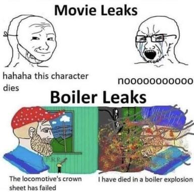 A four-panel meme contrasting casual movie spoilers with catastrophic spoilers about boilers and locomotives.