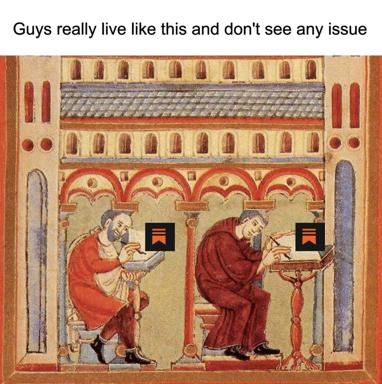 Medieval monks hunched over at writing desks in a monastery, with modern-day commentary about obliviousness to obvious problems.