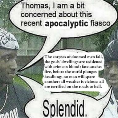 British-reserved response to apocalyptic doom: "Splendid." — Norse/fantasy end-times invoked for deadpan comedy.