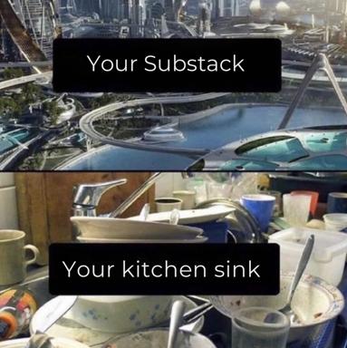 Contrasting two-panel meme: paradise cityscape above, domestic sink chaos below. Clean ambition versus messy reality—the gap between aspiration and everyday life.
