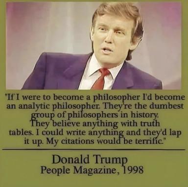 Portrait-style quote meme from 1990s TV: a man in purple suit delivers a self-aggrandizing remark about becoming a philosopher and deceiving analytic philosophers.
