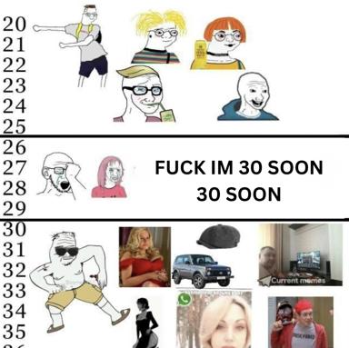 Age-progression chaos meme: illustrated young adulthood devolves into absurdist stock-photo hysteria as the narrator approaches 30.