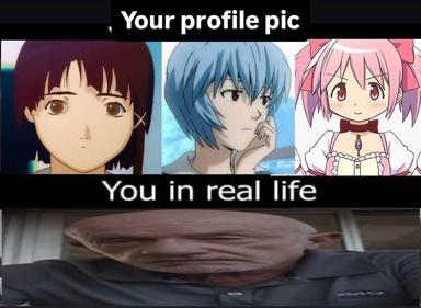 Anime-to-reality expectations meme: three stylized anime girls against one candid messy shot of a person from above, contrasting idealized animation with mundane reality.