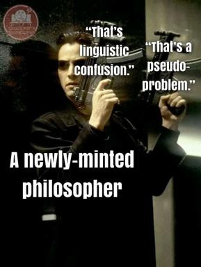 A newly-minted philosopher dismisses real concerns with jargon: "That's linguistic confusion" / "That's a pseudo-problem." A Matrix-era critique of performative intellectual gatekeeping.
